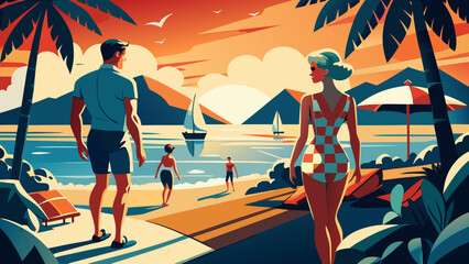 Obraz premium A couple enjoys a vibrant beach sunset, showcasing a retro vibe with palm trees and distant sailboats.