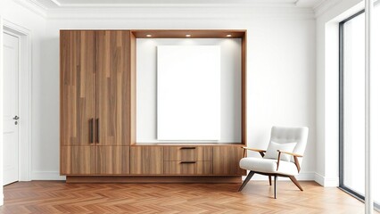 Modern living room with wood cabinet white chair and large window