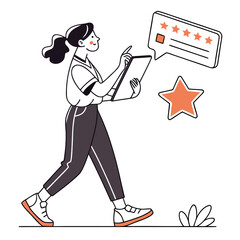 Girl reviewing on tablet with stars rating