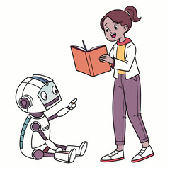 Girl teaching robot with book learning