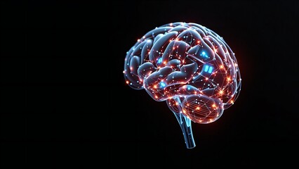 Abstract digital brain with glowing neural network connections and data flow