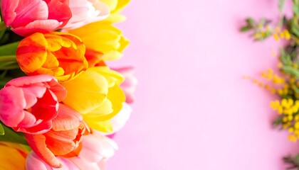 Vibrant bouquet of tulips in shades of pink, orange, and yellow, arranged against a soft pink background, with a complementary border of blurred mimosa sprigs.