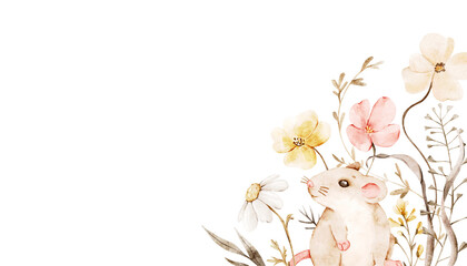 Fototapeta premium Watercolor corner floral composition with mouse and wildflowers. Hand drawn template for nursery prints, invitations, children’s stationery, planners, baby posters, fairytale projects, summer designs