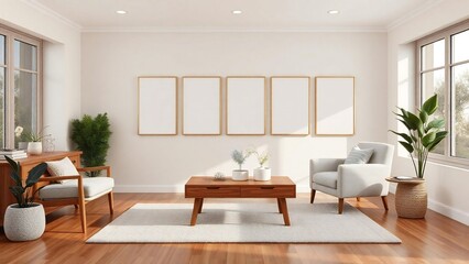 Modern living room with five empty frames and natural light