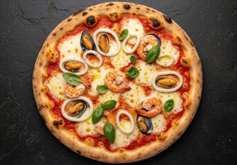 Seafood Pizza Top View — Frutti di Mare with Shrimp, Mussels, Calamari and Mozzarella