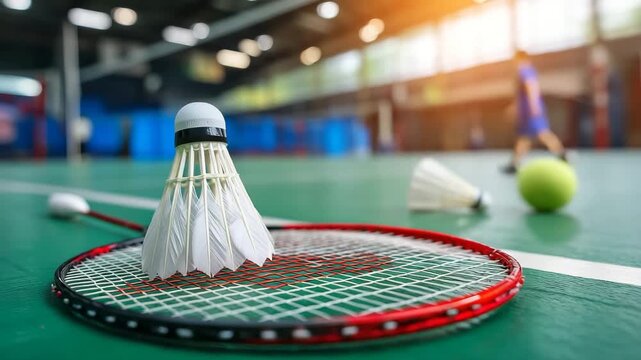 Shuttlecock and badminton racket on indoor court with a tennis ball in background