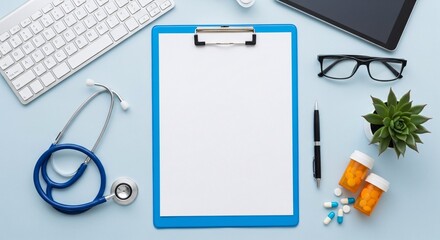 Overhead view of medical tools and office supplies on a blue surface