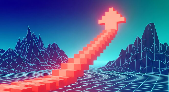 Red pixelated upward arrow ascending through a neon landscape - Powered by Adobe