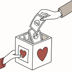 Hands donating money into heart decorated box donation
