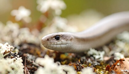 Close-up of a light-gray snake on the forest floor.