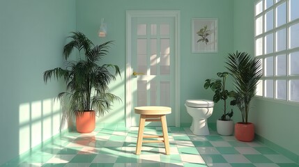 Bright, modern bathroom with green walls, potted plants, and natural light streaming through windows