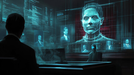 A man in a suit looking at a screen with digital faces and code in a futuristic looking room