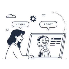 Human interacting with ai robot on laptop artificial intelligence