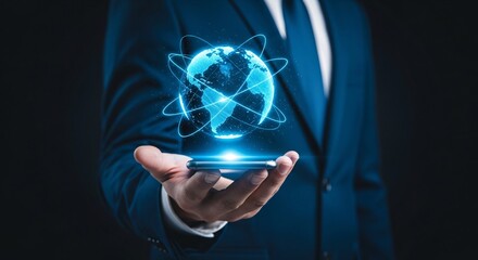 Man holding phone with digital globe hologram in dark blue suit coat
