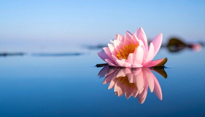 A single, perfect pink water lily on a calm, reflective pond. Vast, serene copy space for wellness, meditation, and tranquility-themed content.