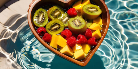 Heart-shaped bowl with kiwi, mango, and raspberries over blue water