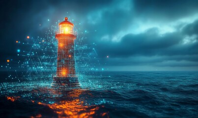 Futuristic lighthouse in a digital world, symbolizing progress and innovation. This image represents leadership and guidance, inspiring a brighter, technology-driven future, Generative AI