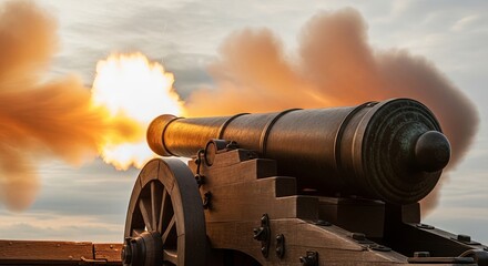 A vibrant burst of fire erupts from a cannon, a symbol of historical power and explosive force.