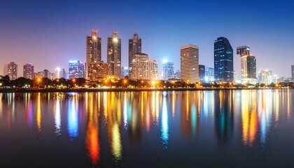 Fototapeta premium A vibrant cityscape at night, with illuminated skyscrapers reflecting beautifully in the calm water below.