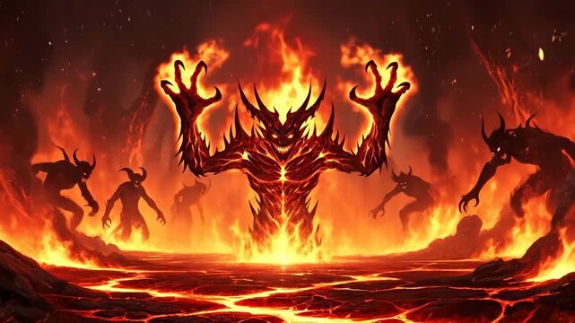 Fiery Hell Demons - A large, demonic figure engulfed in flames stands amidst a fiery landscape, surrounded by smaller, equally fiery demons. This scene depicts a terrifying vision of hell.