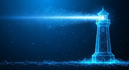 A radiant blue digital lighthouse beams a guiding light across a networked, starlit expanse.
