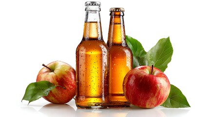 Naklejka premium Refreshing Apple Cider Two Glass Bottles, Water Droplets, Red Apples, Green Leaves