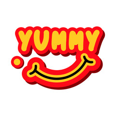 Yum Yum or Yummy or Yummy Yummy text. Printable graphic tee. Sticker foody. Retro Style.  Lettering