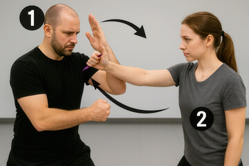 Self defense keychain techniques demonstrated in action indoor training environment engaging self defense workshop