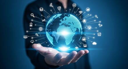 Hand holding digital globe with connected icons on a blue background