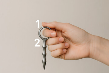 Self defense keychain demonstration urban setting action close-up view personal safety concept
