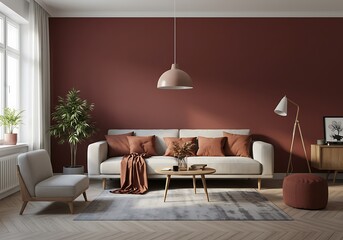Modern living room with neutral beige sofas, minimalist decor, a round coffee table, and a bold terracotta accent wall creating a warm and stylish atmosphere.