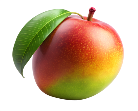 A single ripe mango with a green leaf isolated on a transparent background, showcasing its vibrant red, yellow, and orange colors and smooth skin, perfect for healthy eating and tropical fruit themes