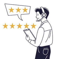 Man with headset giving feedback stars rating