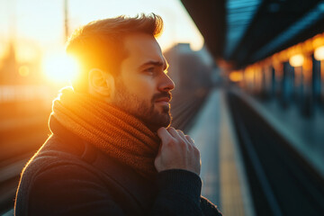 Stylish Man in Vintage Coat and Hat Standing by Steam Train at Railway Station Platform Generative AI