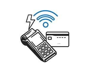 Contactless Payment Terminal with Credit Card and Wi-Fi Symbol.