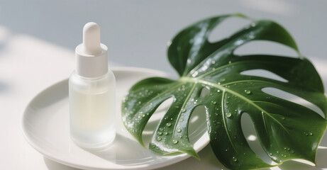 Minimalist Skincare Serum Bottle with Monstera Leaf and Water Droplets