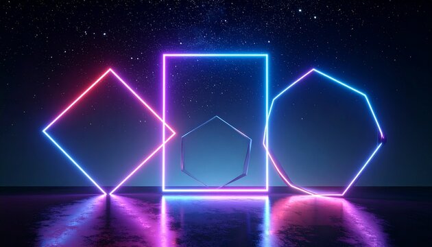 Geometric shapes with neon lights in a dark, reflective environment with a starry sky.