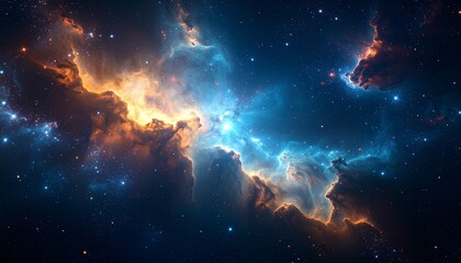 Naklejka premium Cosmic Nebula: A vibrant swirl of orange and blue interstellar gas and dust.