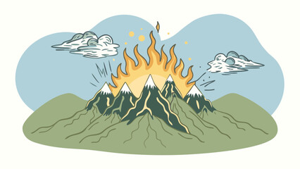 A stylized illustration of a volcano erupting with flames and mountains under a bright sky.