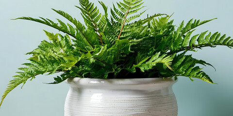Green ferns in white pot on soft blue backdrop