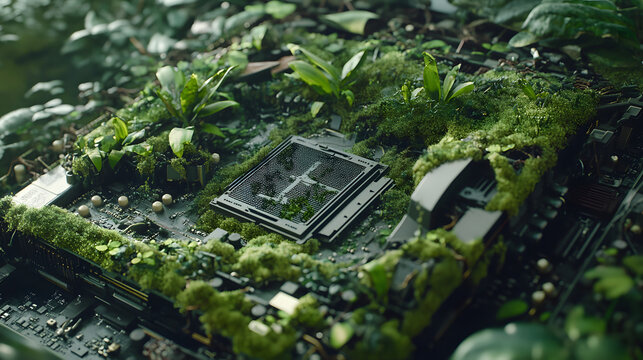 Technology embraced by nature, symbolizing eco-friendly innovation and sustainable computing.