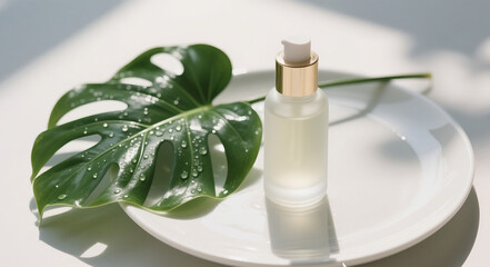 Minimalist Skincare Serum Bottle with Monstera Leaf and Water Droplets