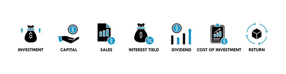 Roi banner web icon vector illustration concept for return on investment with icon of capital, sales, interest tield, dividend, cost of investment and return