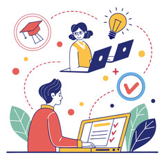 People learning online with laptops and lightbulb online learning