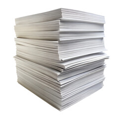 A thick stack of white paper sheets, isolated on a transparent background, representing a large quantity of documents or stationery for office work or business purposes