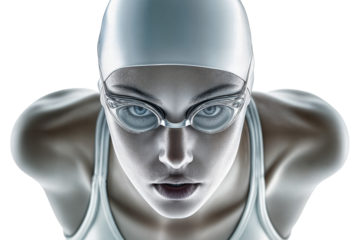 Futuristic swimmer with goggles and cap in intense focus for aquatic sports performance training on transparent background