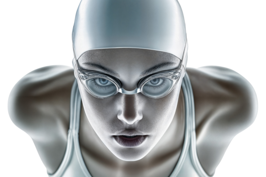 Futuristic swimmer with goggles and cap in intense focus for aquatic sports performance training on transparent background