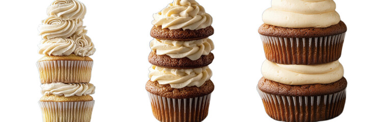 A tall stack of 11 vanilla cupcakes, each topped with swirls of buttercream frosting, studio lighting, side on view, ray trace, dark background.