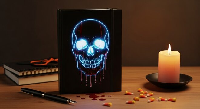 A black notebook with a glowing blue skull design stands on a wooden surface beside a lit candle, pen, and scattered orange candies.