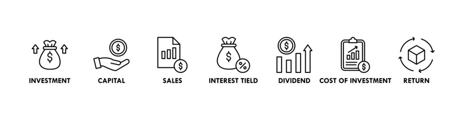 Roi banner web icon vector illustration concept for return on investment with icon of capital, sales, interest tield, dividend, cost of investment and return